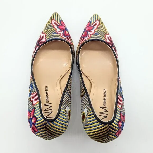 Neiman Marcus Multicolor Floral Striped Embroidered Heels 8M